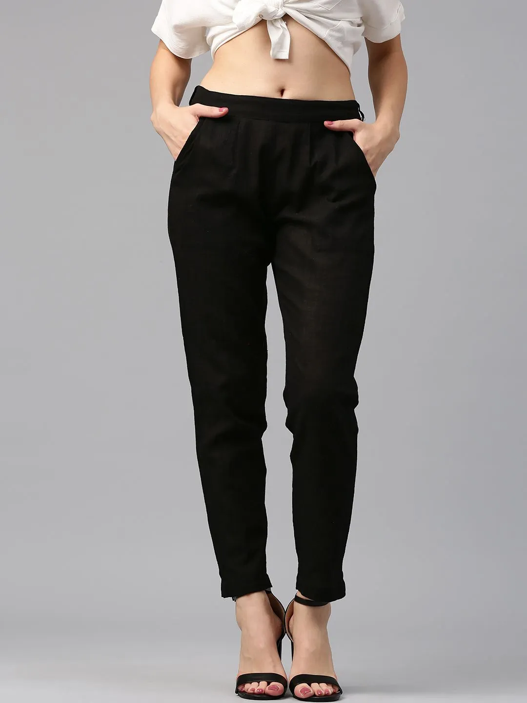 Black Solid Cotton Slub Straight Pants