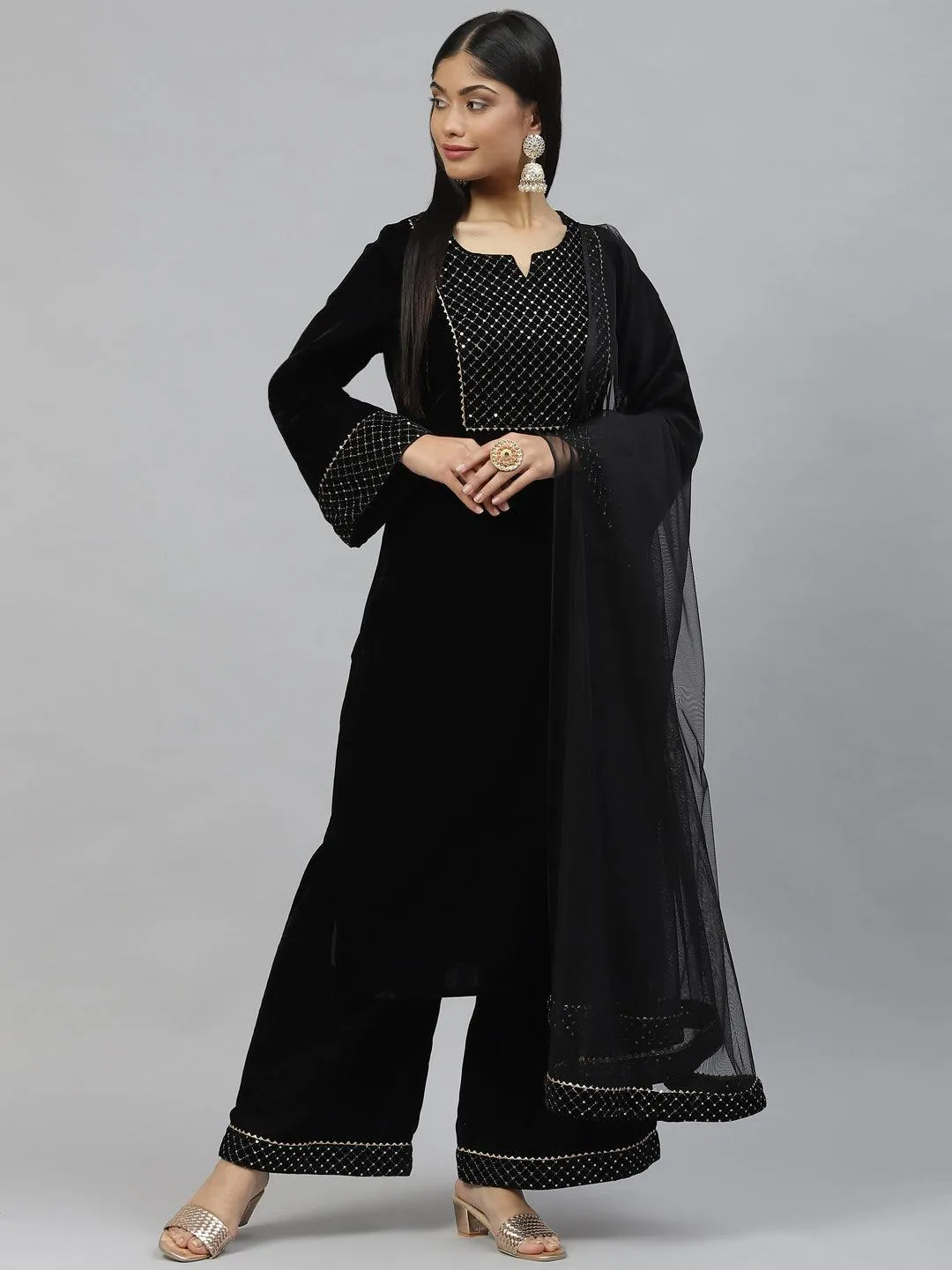 Black Velvet Hand Work Kurta Pant With Net Dupatta Set