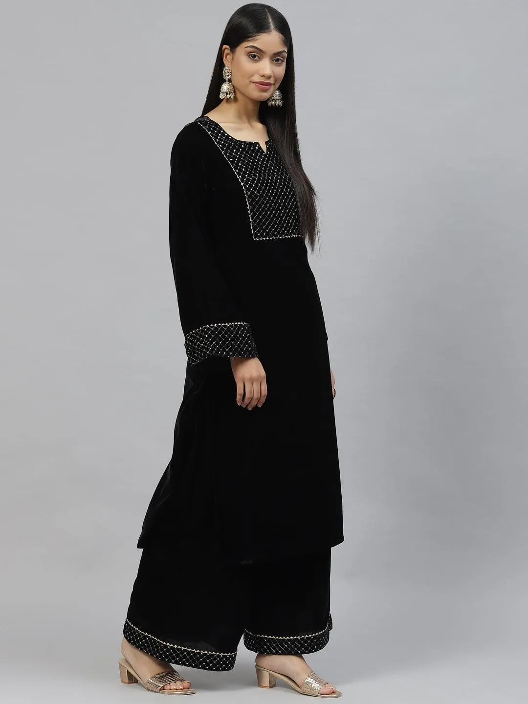 Black Velvet Hand Work Kurta Pant With Net Dupatta Set