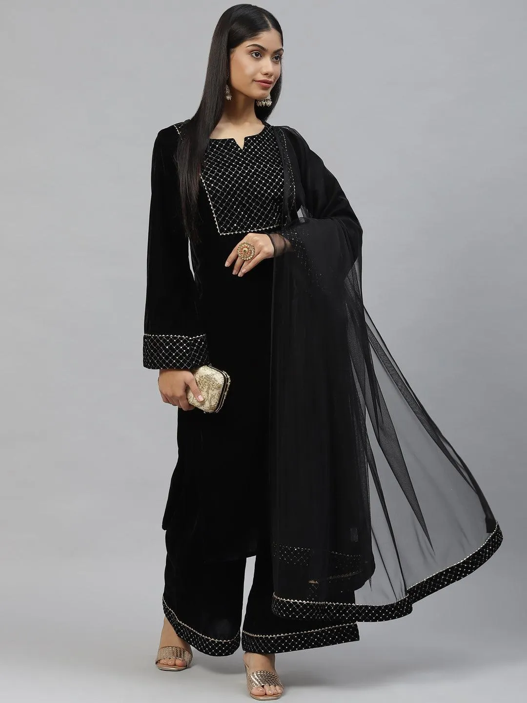 Black Velvet Hand Work Kurta Pant With Net Dupatta Set