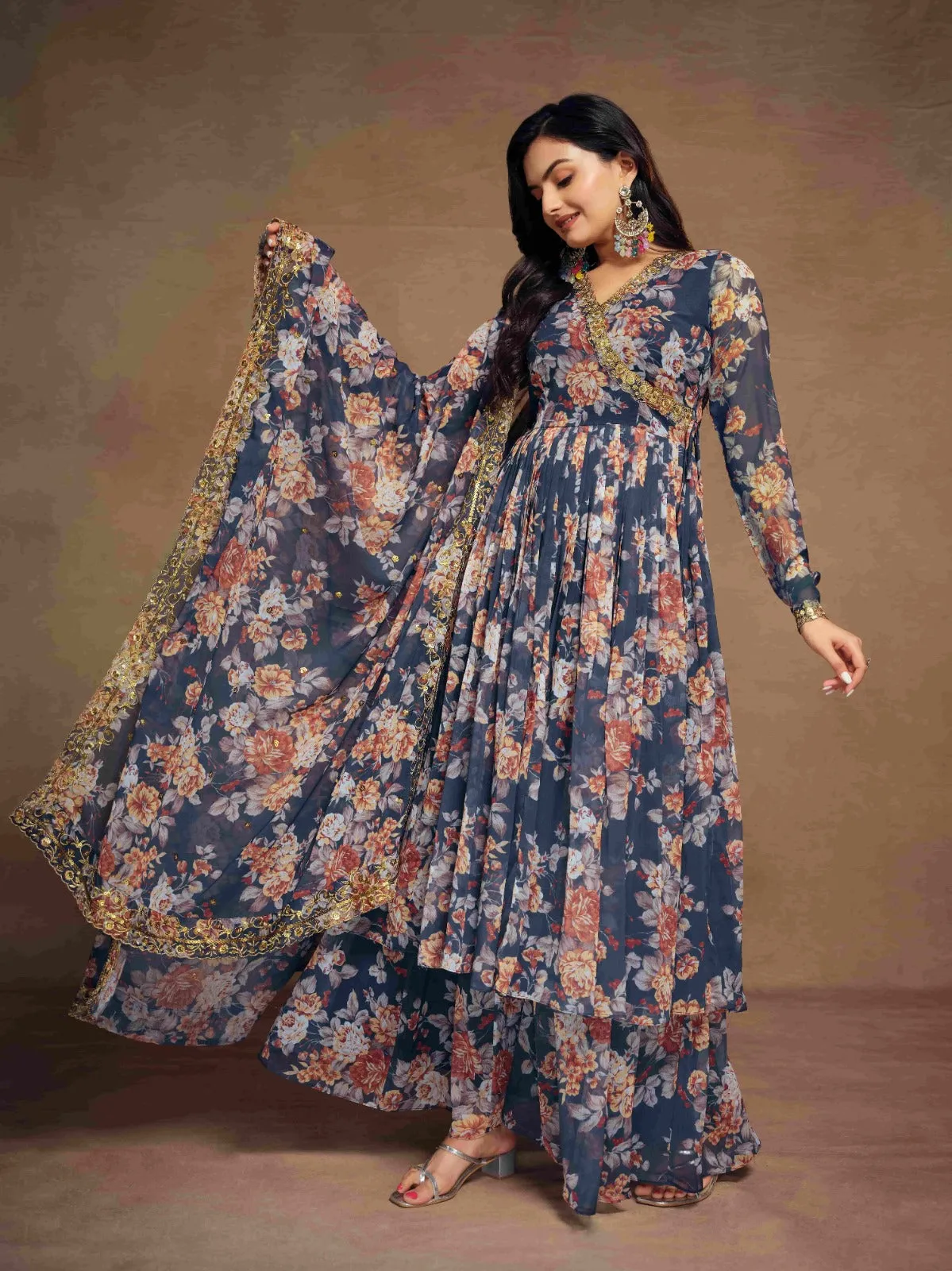 Blue Chiffon Printed Zari Work Sequence Suit with Palazzo and Dupatta