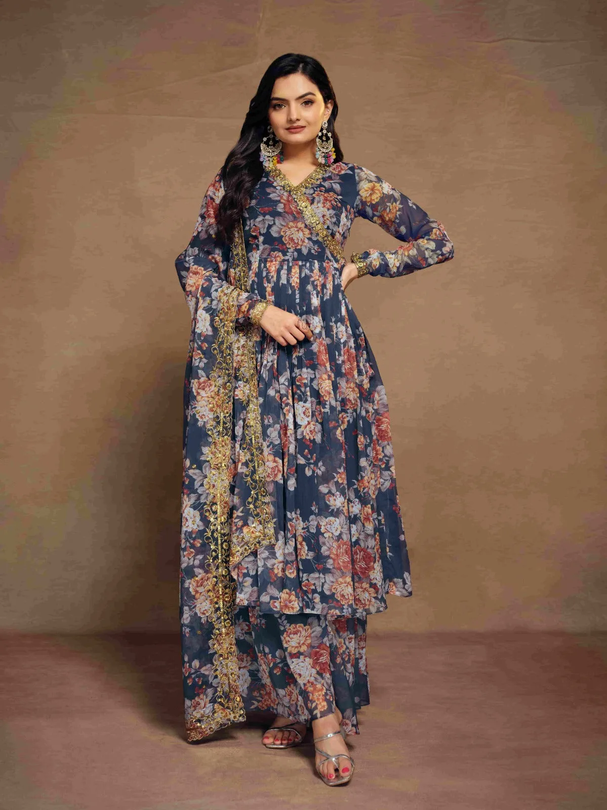 Blue Chiffon Printed Zari Work Sequence Suit with Palazzo and Dupatta