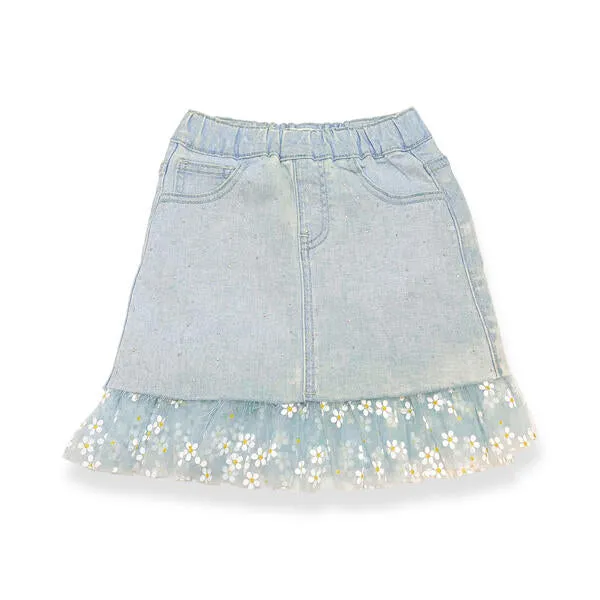 Blue Daisy Mesh Trim Denim Skirt