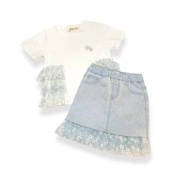 Blue Daisy Mesh Trim Denim Skirt