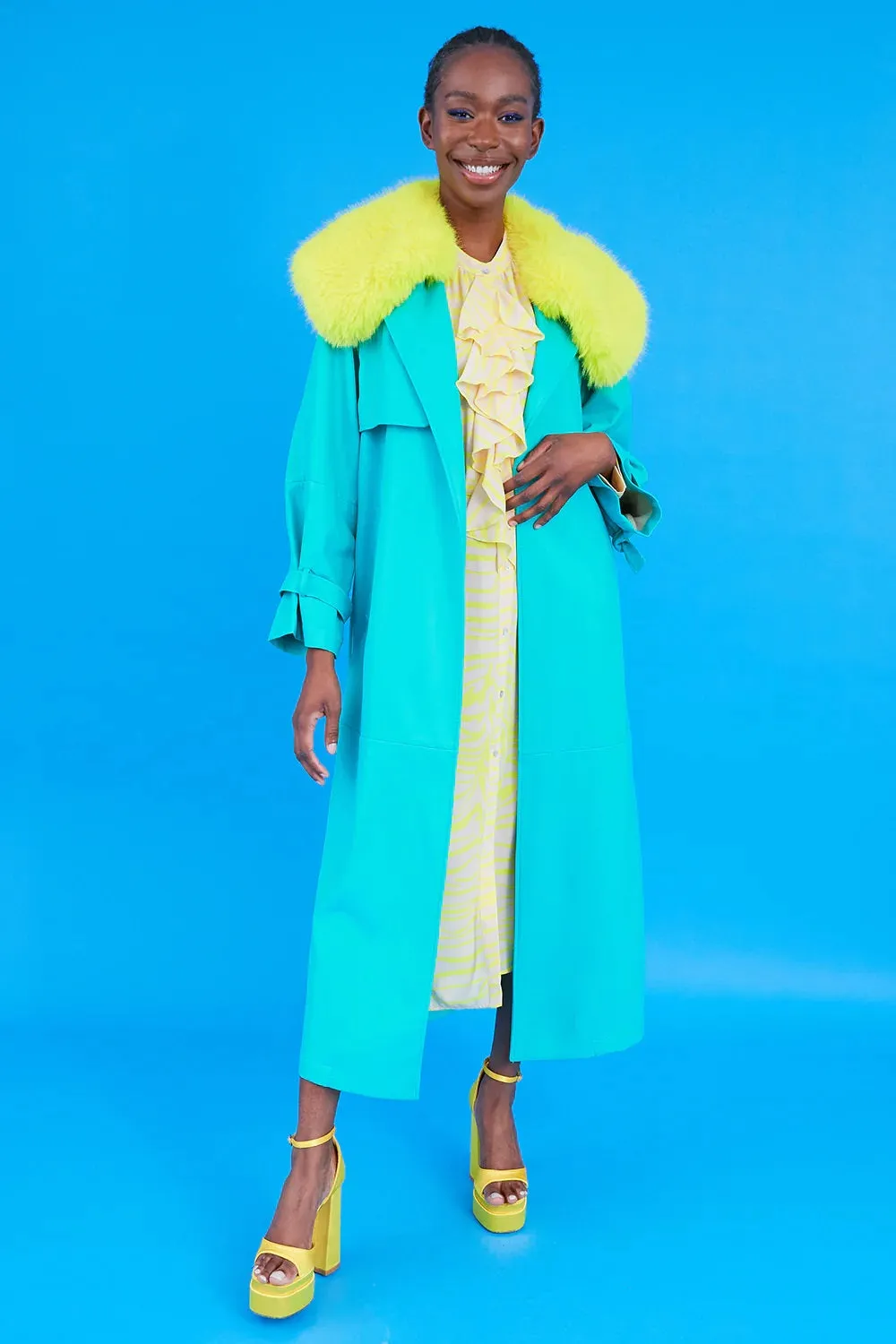 Blue Eco Leather Faux Fur Collar Trench Coat