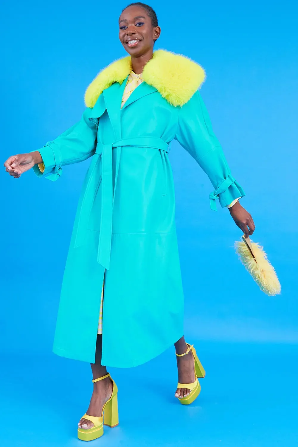 Blue Eco Leather Faux Fur Collar Trench Coat