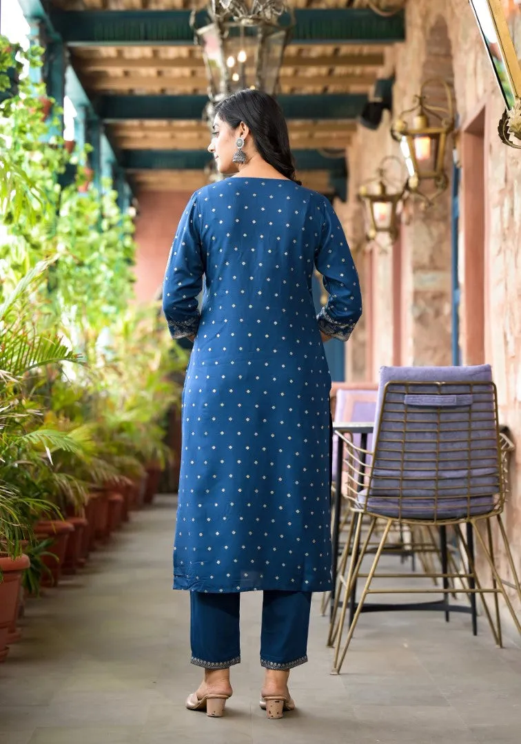 Blue Ethnic Motif Printed Liva Rayon Kurta Pant And Dupatta Set With Sequins & Tassels