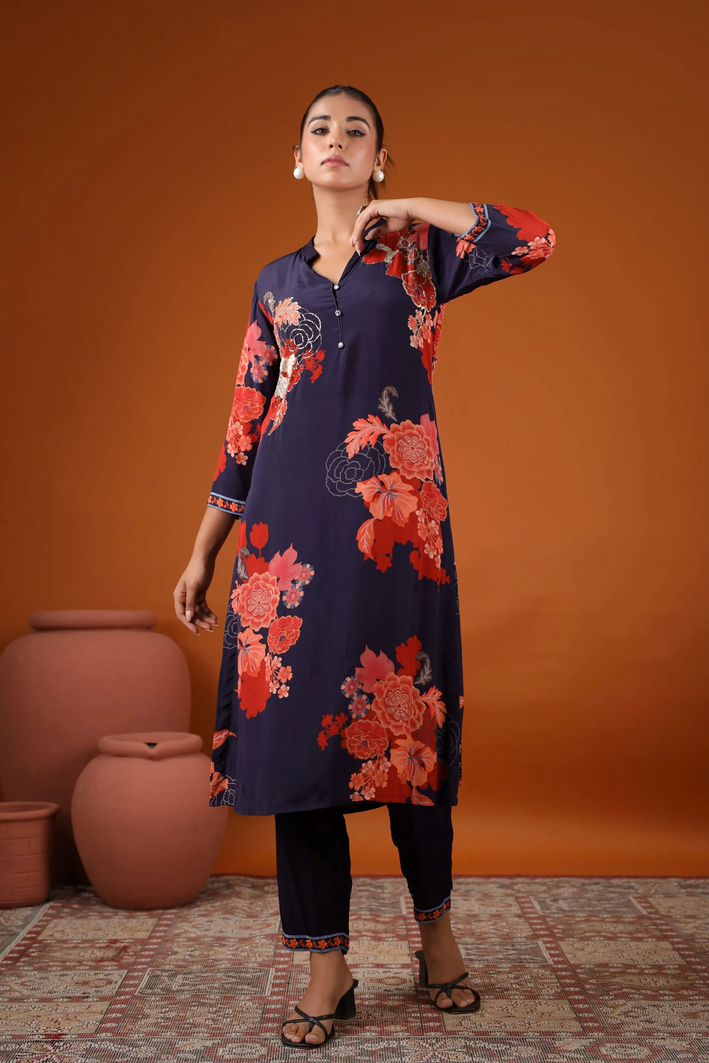 Blue Floral Printed Crepe Silk Kurta Set