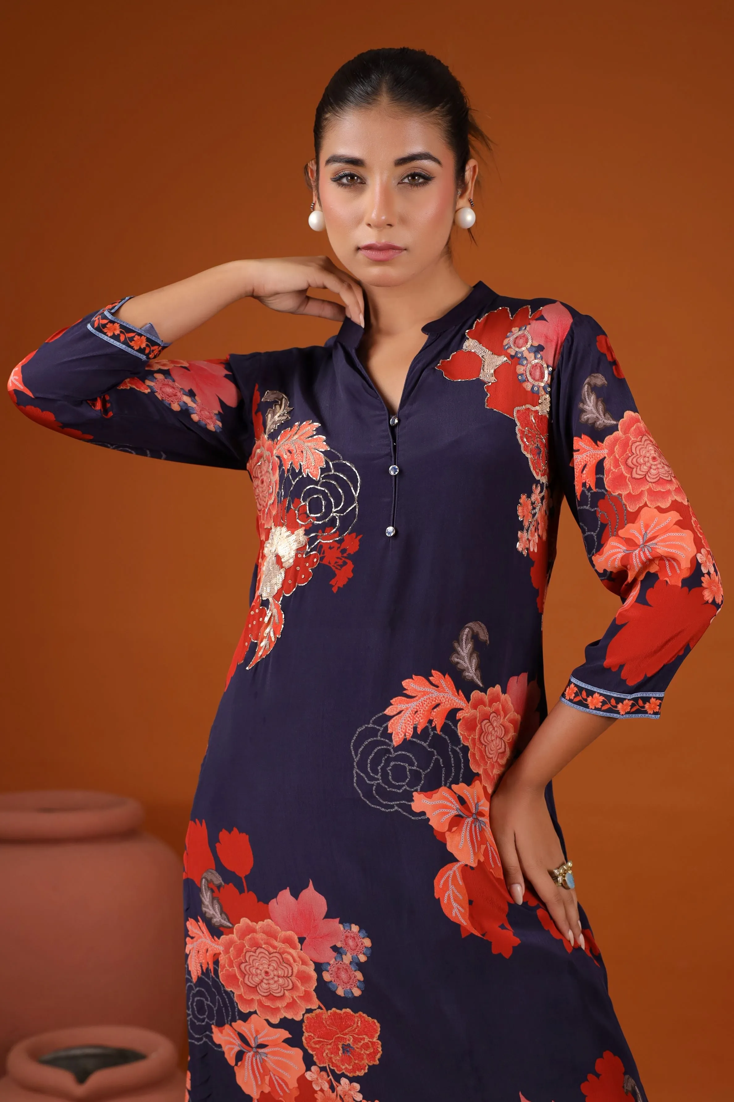 Blue Floral Printed Crepe Silk Kurta Set