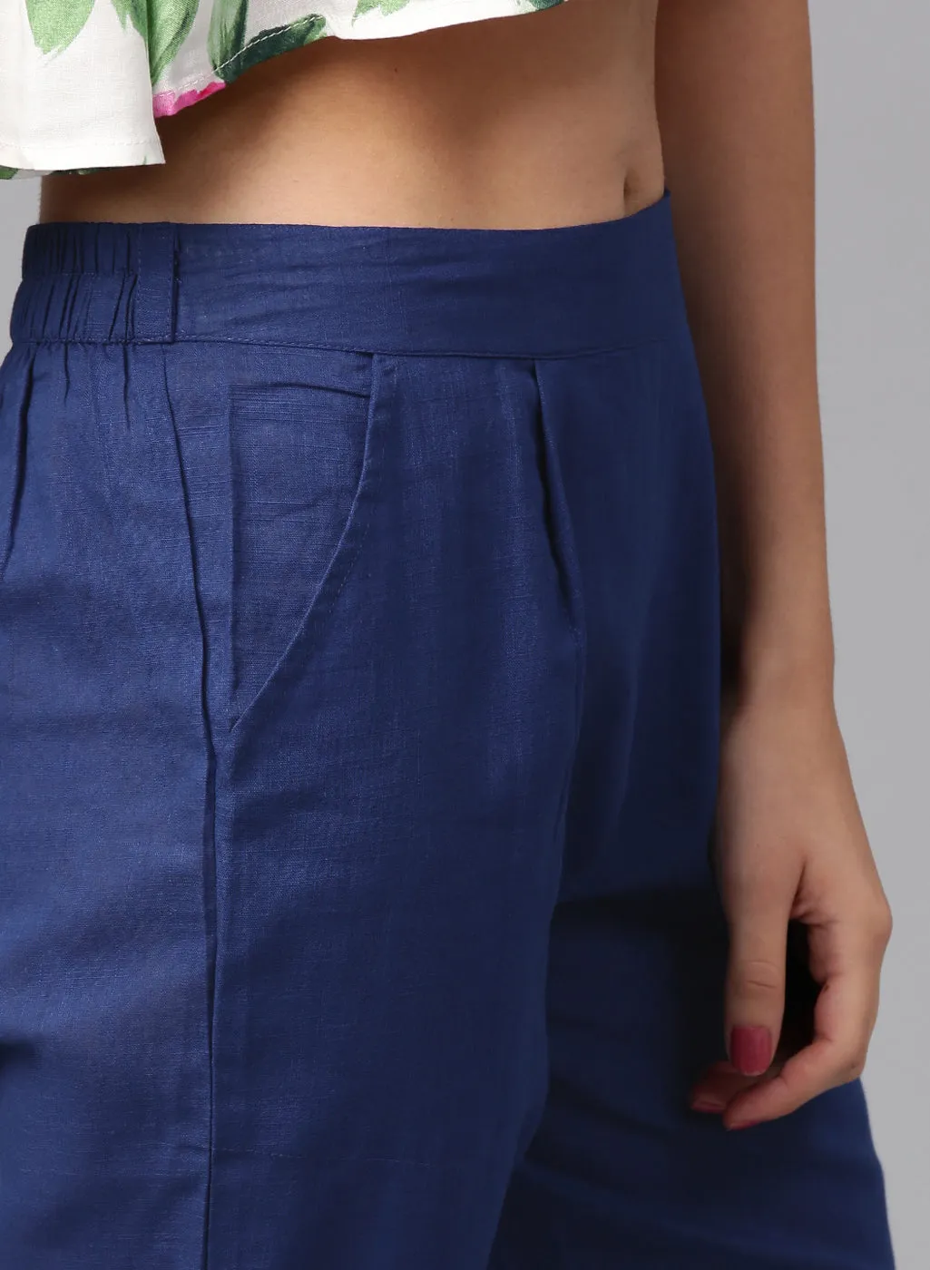 Blue Solid Cotton Slub Straight Pants