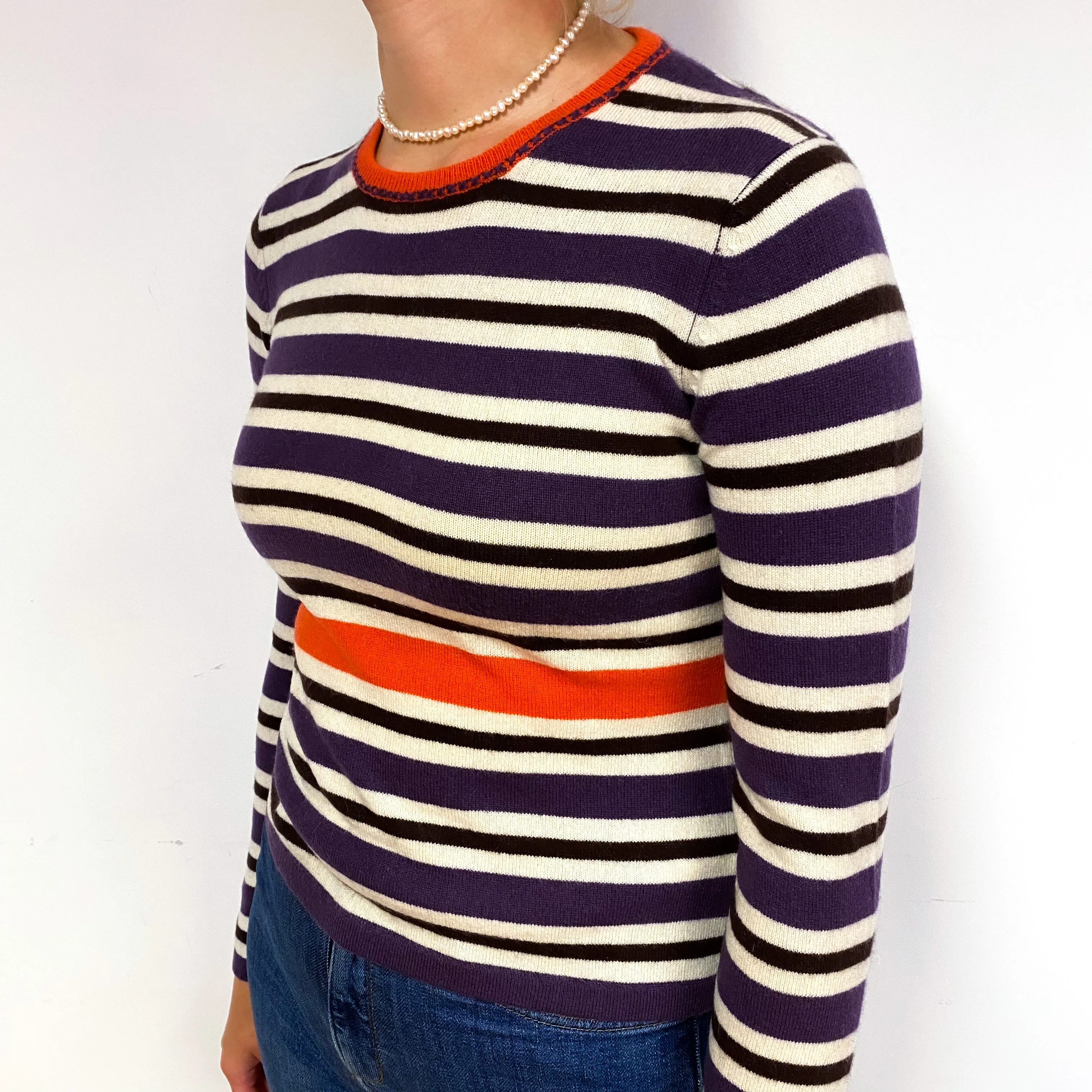 Blueberry Purple Cream Stripe Cashmere Crew Neck Jumper Small