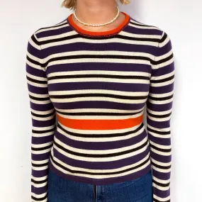 Blueberry Purple Cream Stripe Cashmere Crew Neck Jumper Small