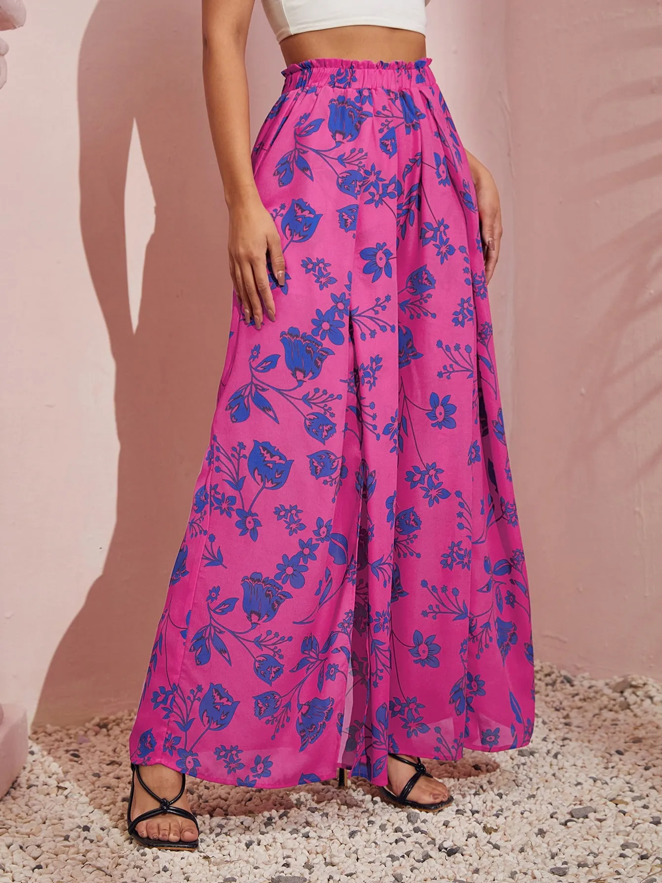 Boho Floral Paper Bag Waist High Waist Long Women Pants