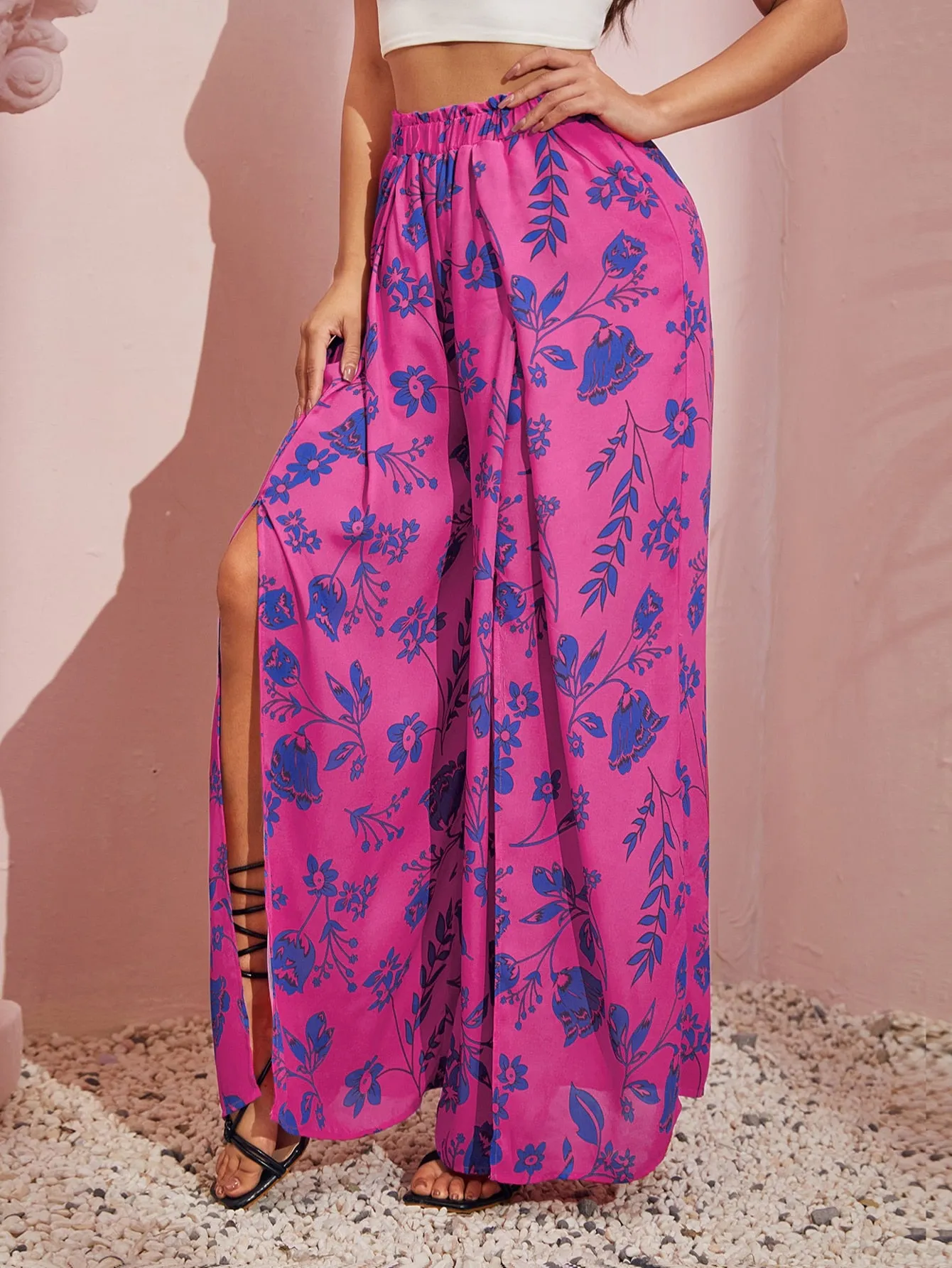 Boho Floral Paper Bag Waist High Waist Long Women Pants