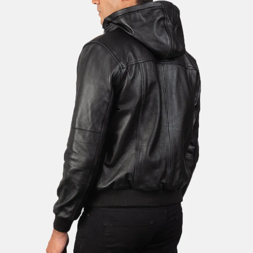 BOMBER-2411 Mush Black Leather Bomber Jacket