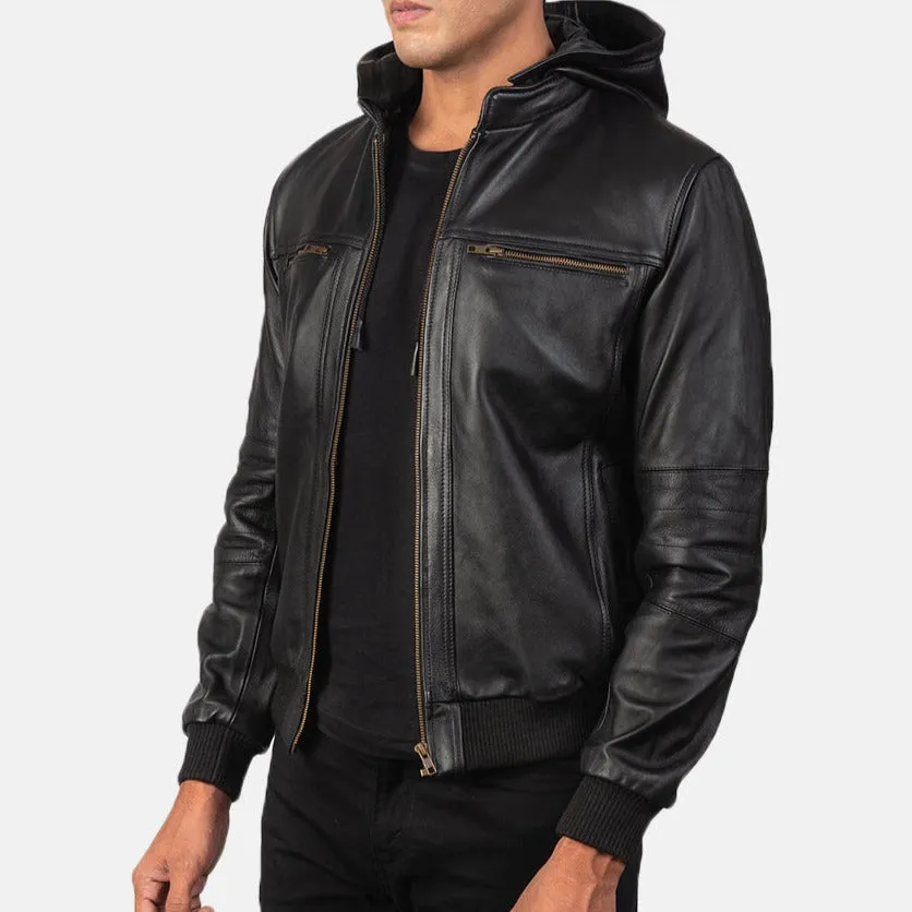 BOMBER-2411 Mush Black Leather Bomber Jacket