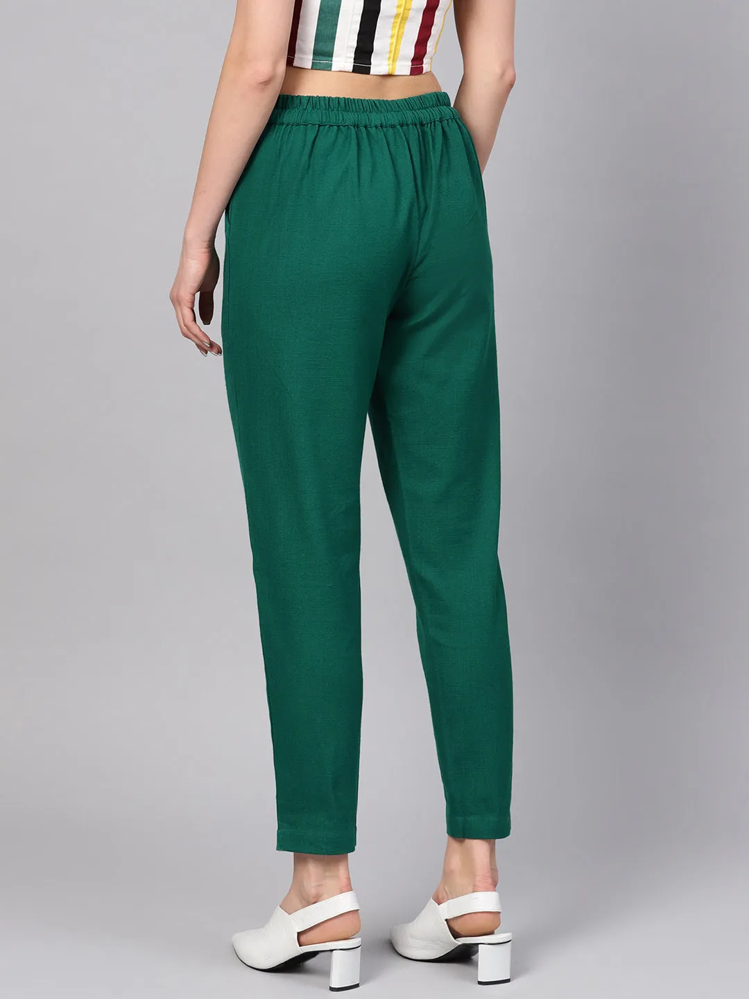 Bottle Green Solid Cotton Slub Straight Pants