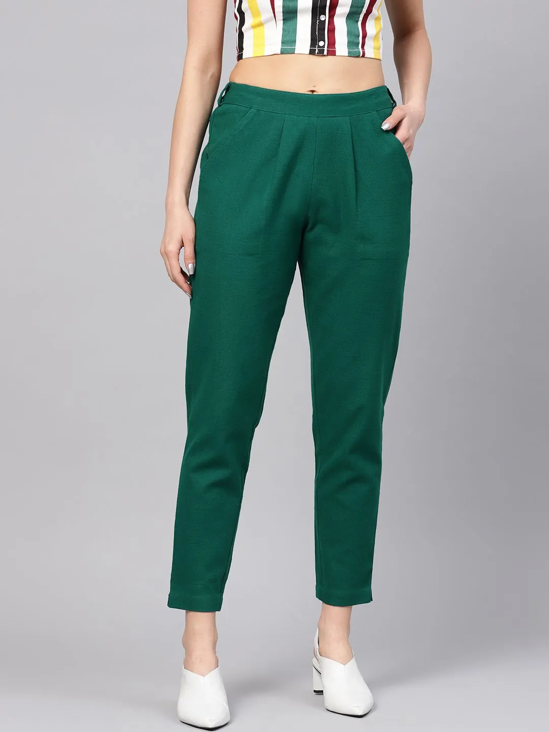 Bottle Green Solid Cotton Slub Straight Pants