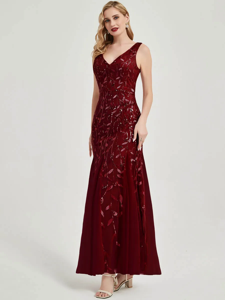 Burgundy V-Neck Sleeveless Sequined Mermaid Evening Dress for Brides