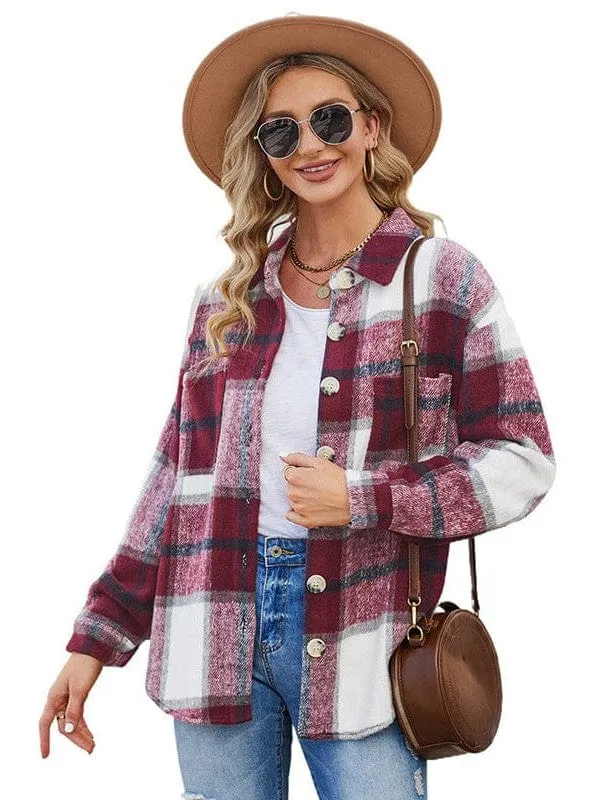 Button-Down Plaid Coat Plus Size