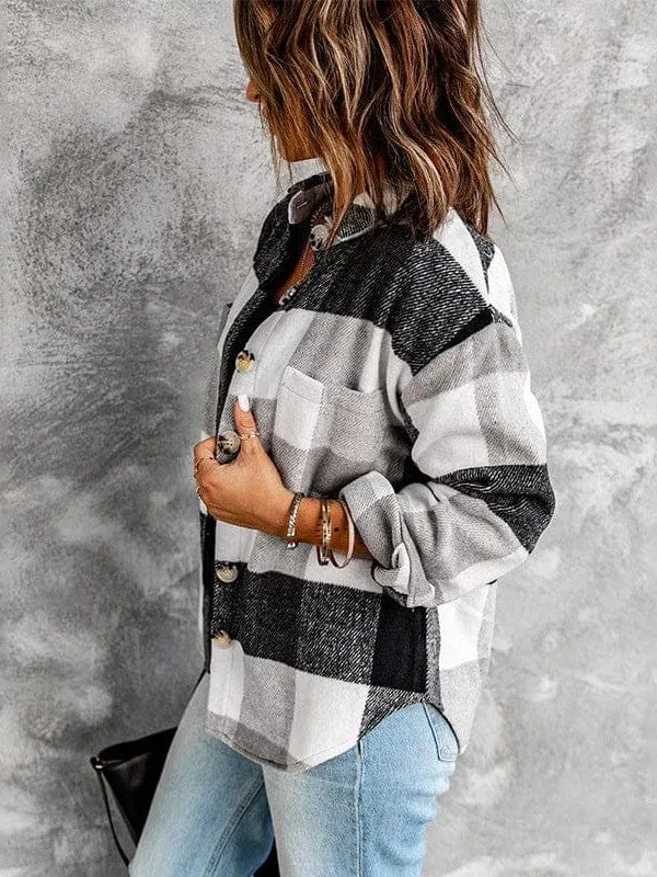 Button-Down Plaid Coat Plus Size