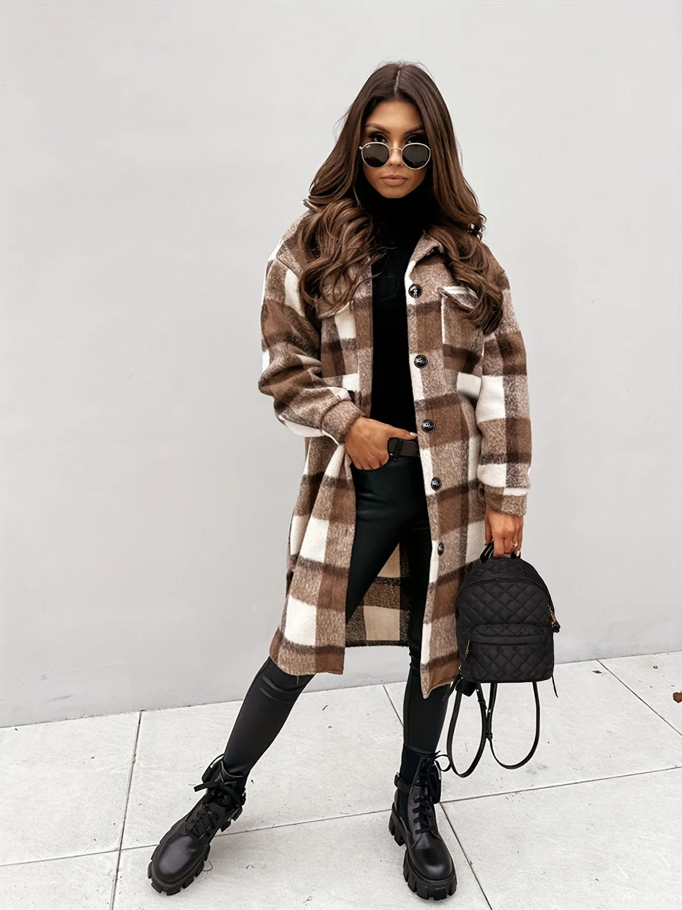 Button-Down Plaid Coat Plus Size