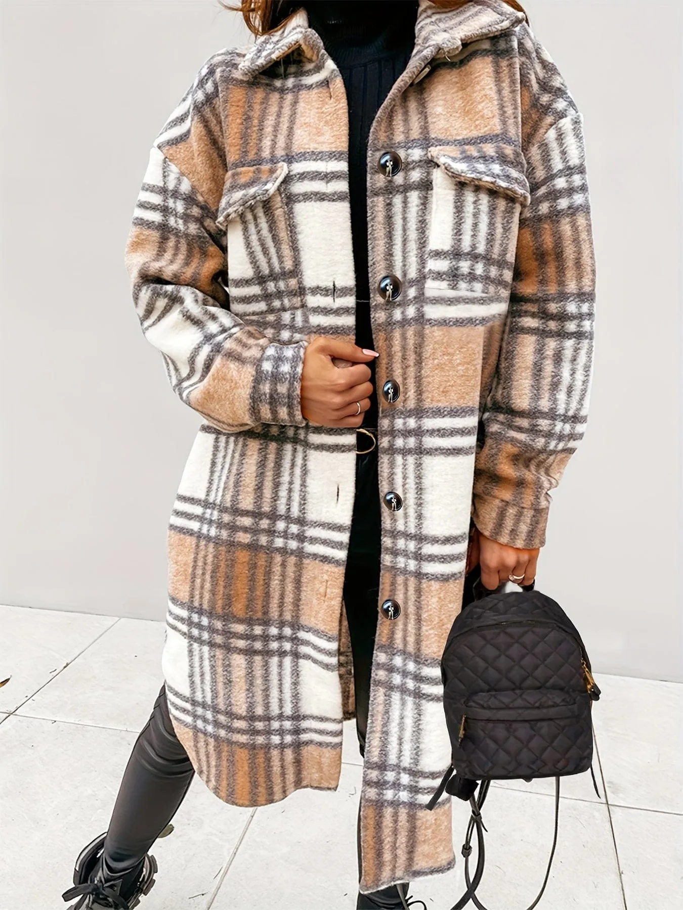 Button-Down Plaid Coat Plus Size