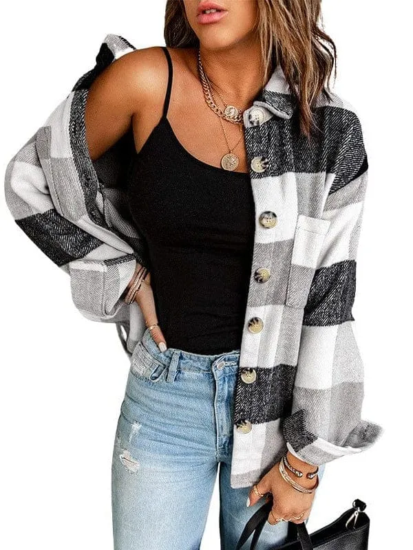 Button-Down Plaid Coat Plus Size