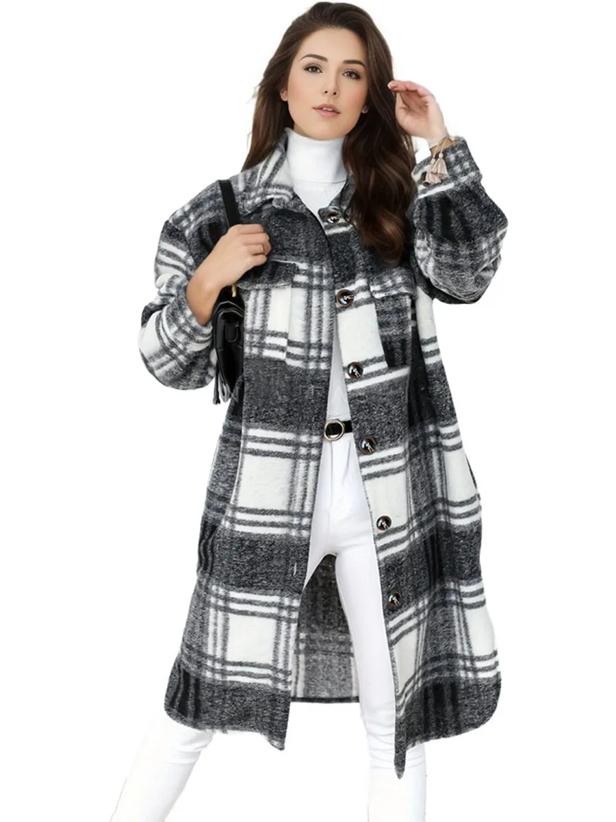 Button-Down Plaid Coat Plus Size