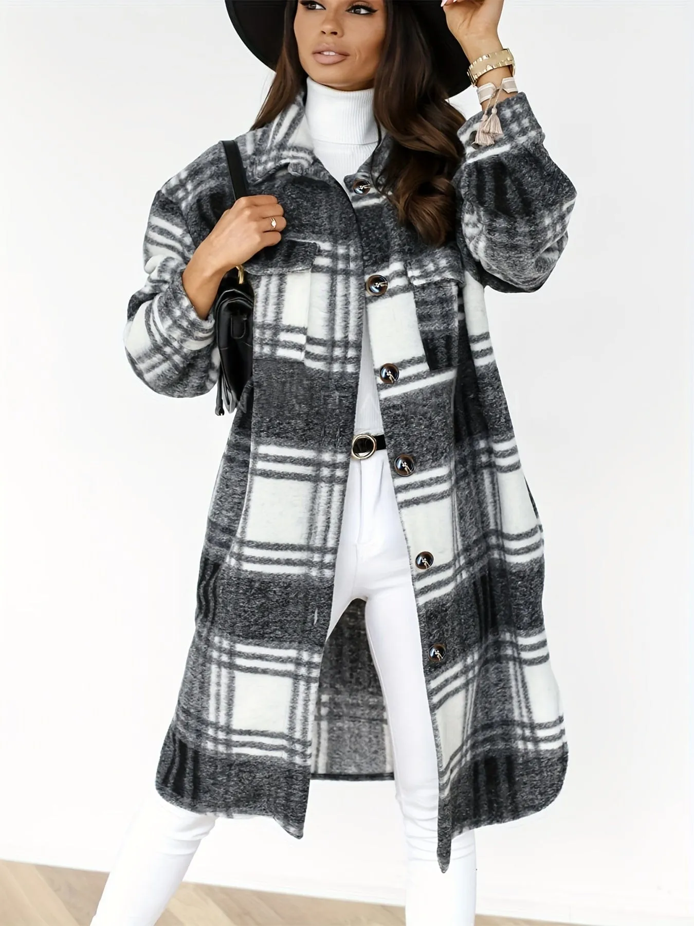 Button-Down Plaid Coat Plus Size