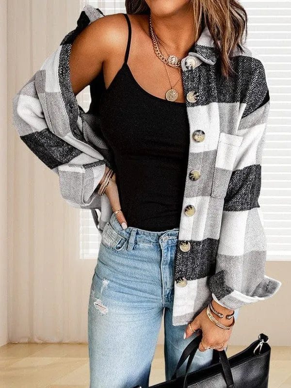 Button-Down Plaid Coat Plus Size