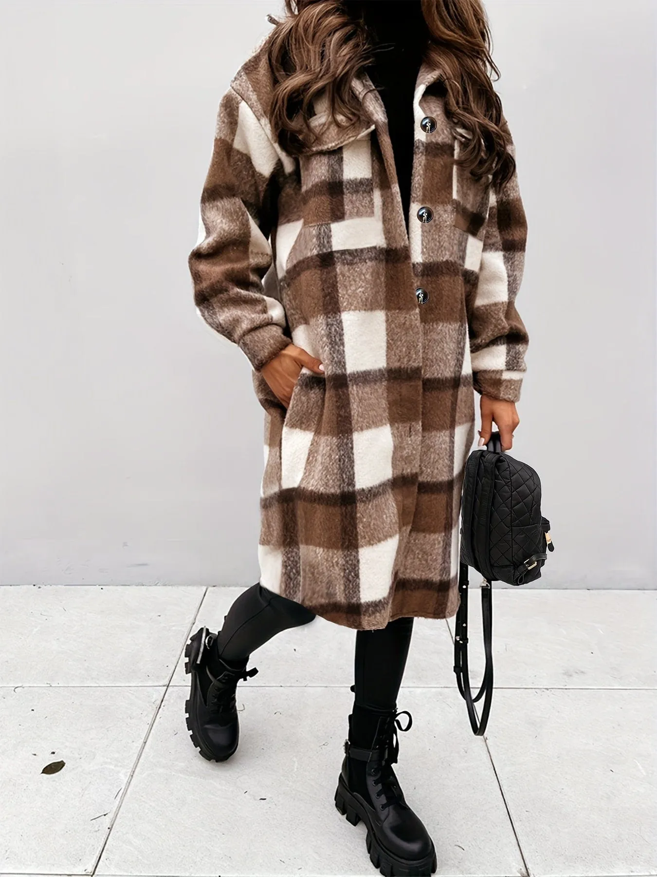 Button-Down Plaid Coat Plus Size