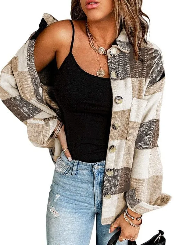 Button-Down Plaid Coat Plus Size