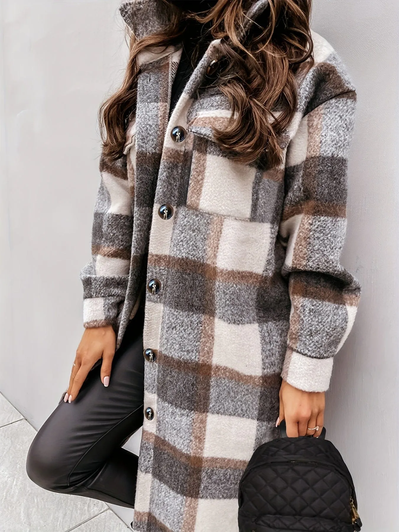 Button-Down Plaid Coat Plus Size