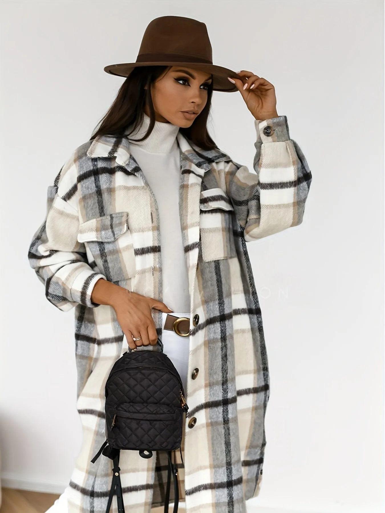 Button-Down Plaid Coat Plus Size