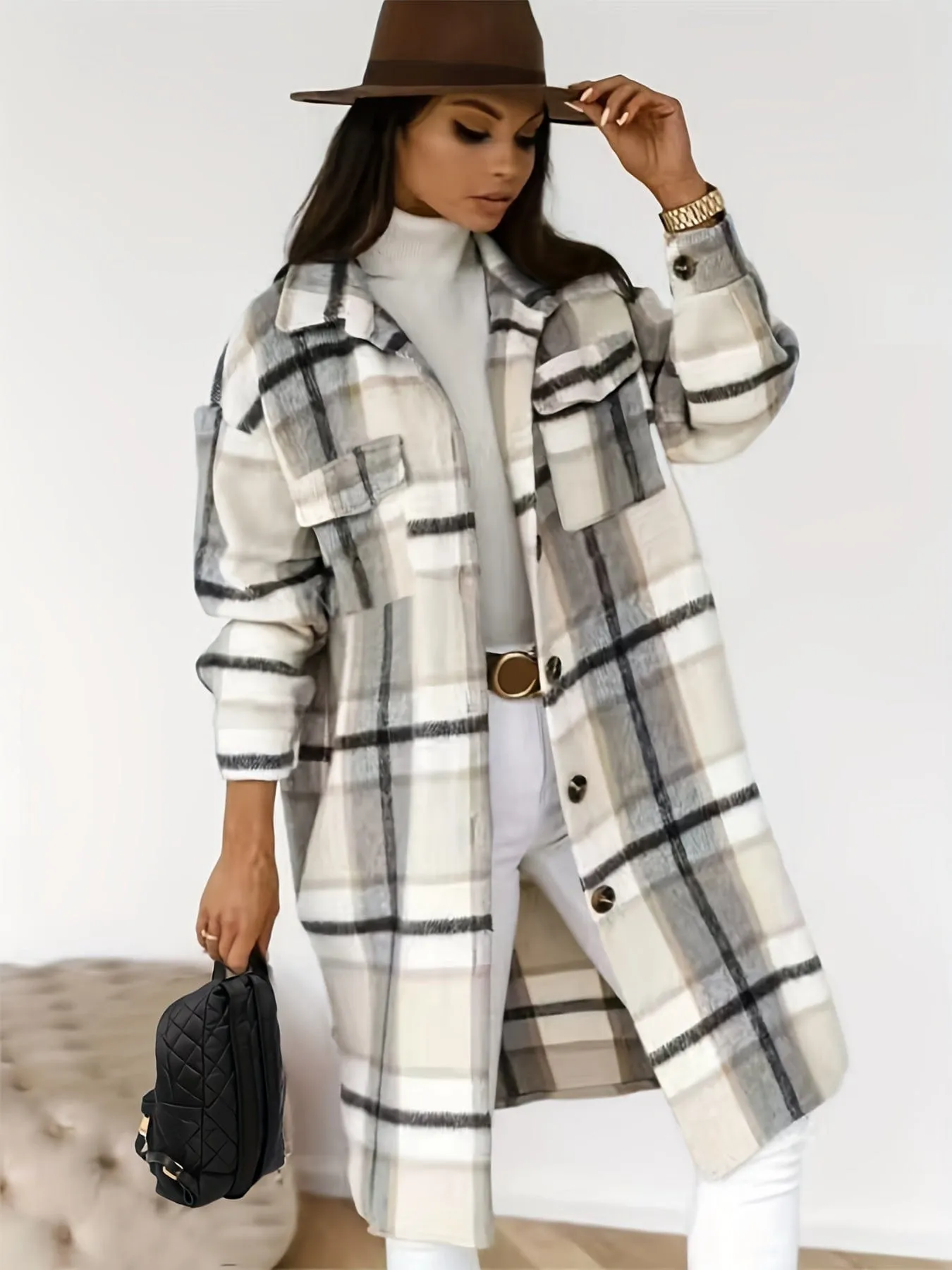 Button-Down Plaid Coat Plus Size