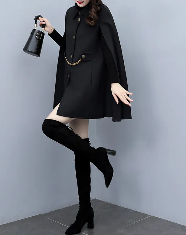 Cape coat Women, wool poncho jacket, wool cloak coat, wool shawl winter coat, black buttoned coat(Y1205)