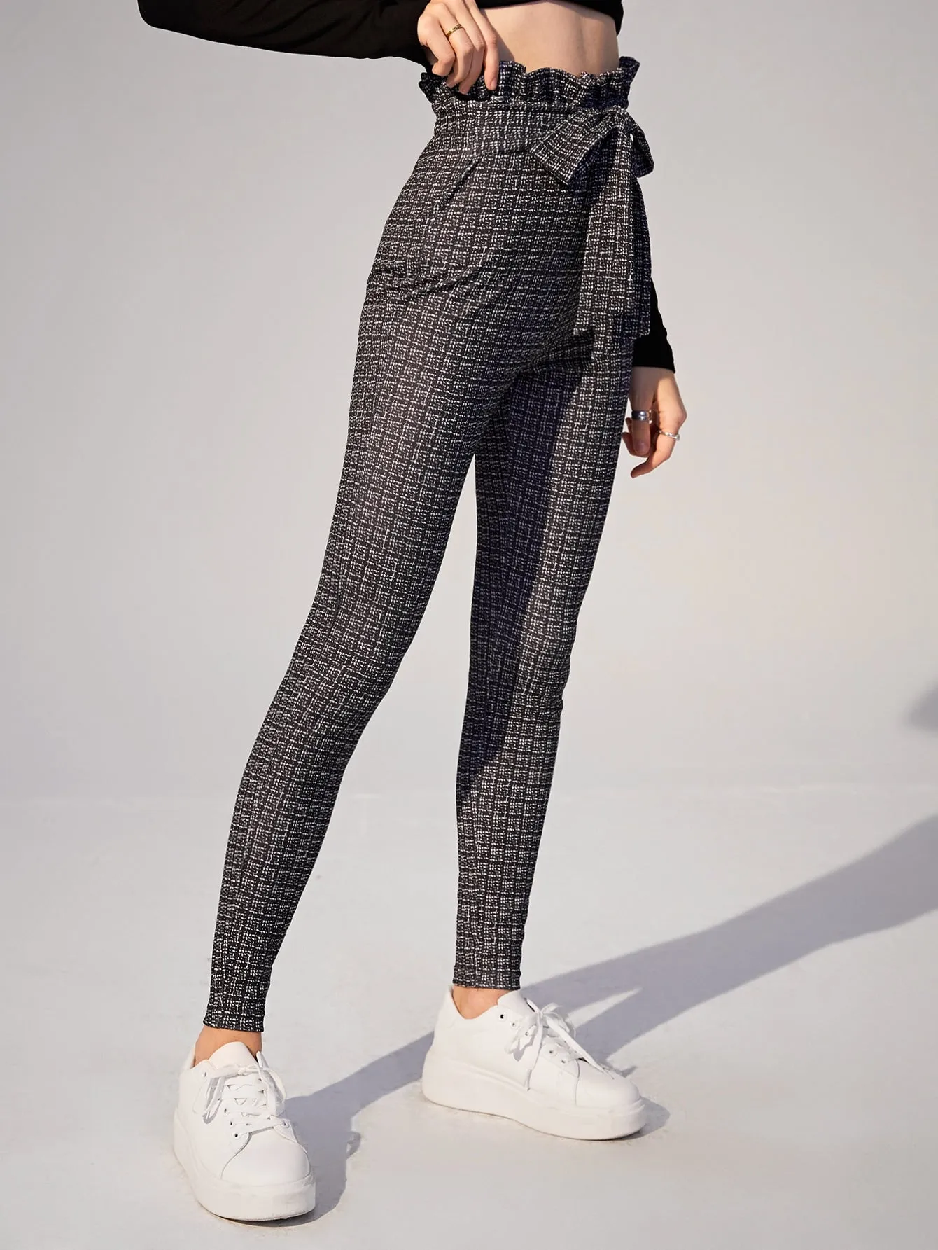 Casual Plaid Tie Front High Waist Long Women Pants