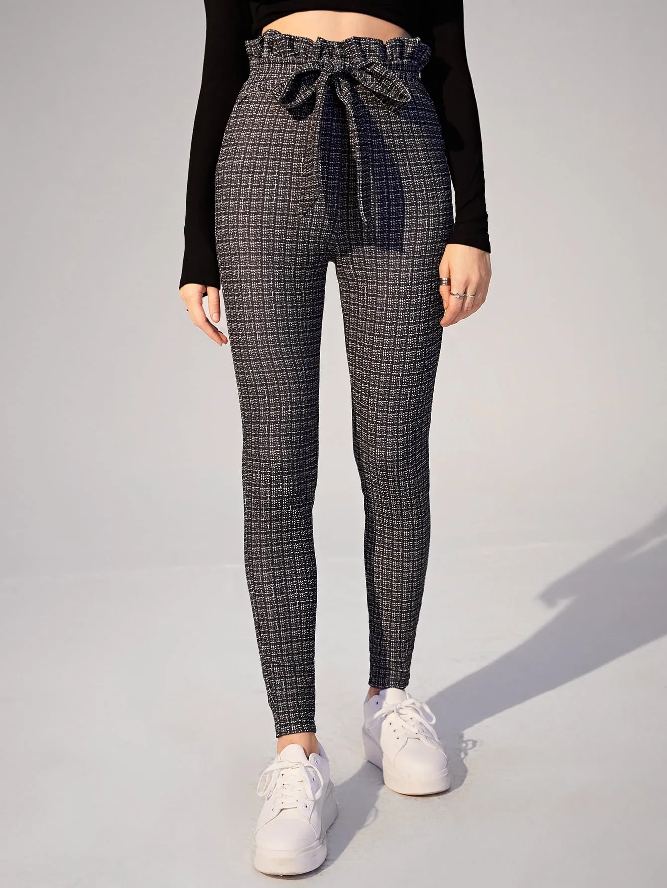 Casual Plaid Tie Front High Waist Long Women Pants