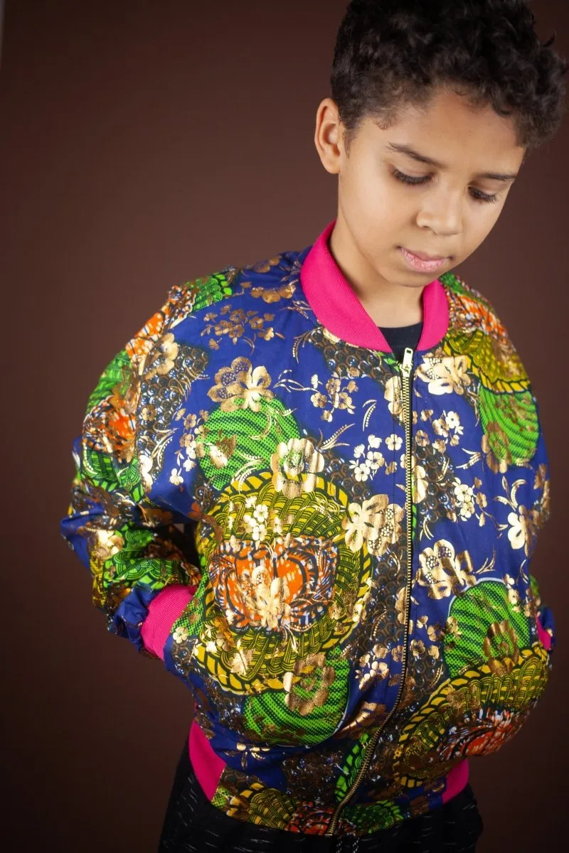 Children's African Jacket In Metallic Blue Gold