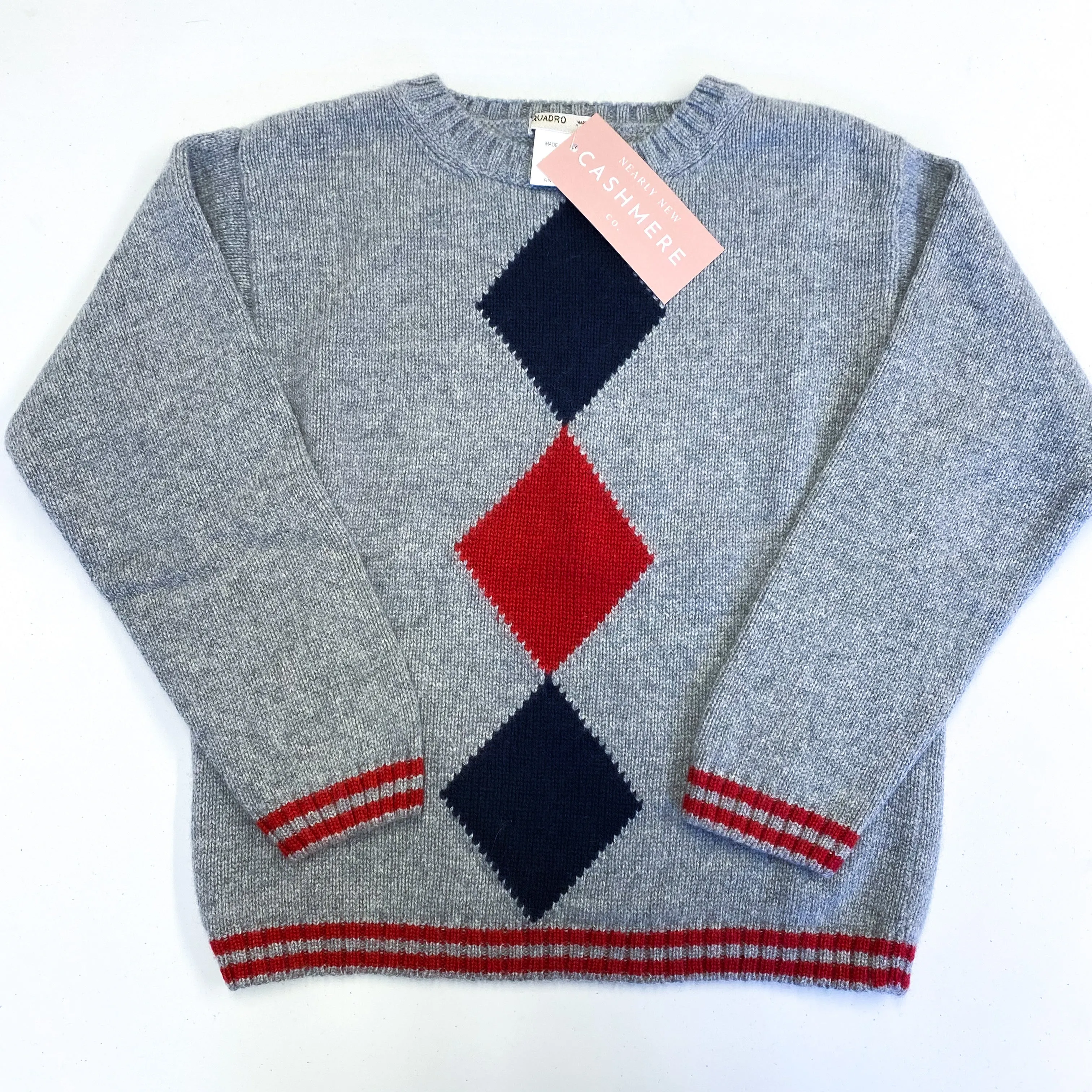 Children’s Grey Red Diamond Cashmere Crew Neck Jumper Age 7