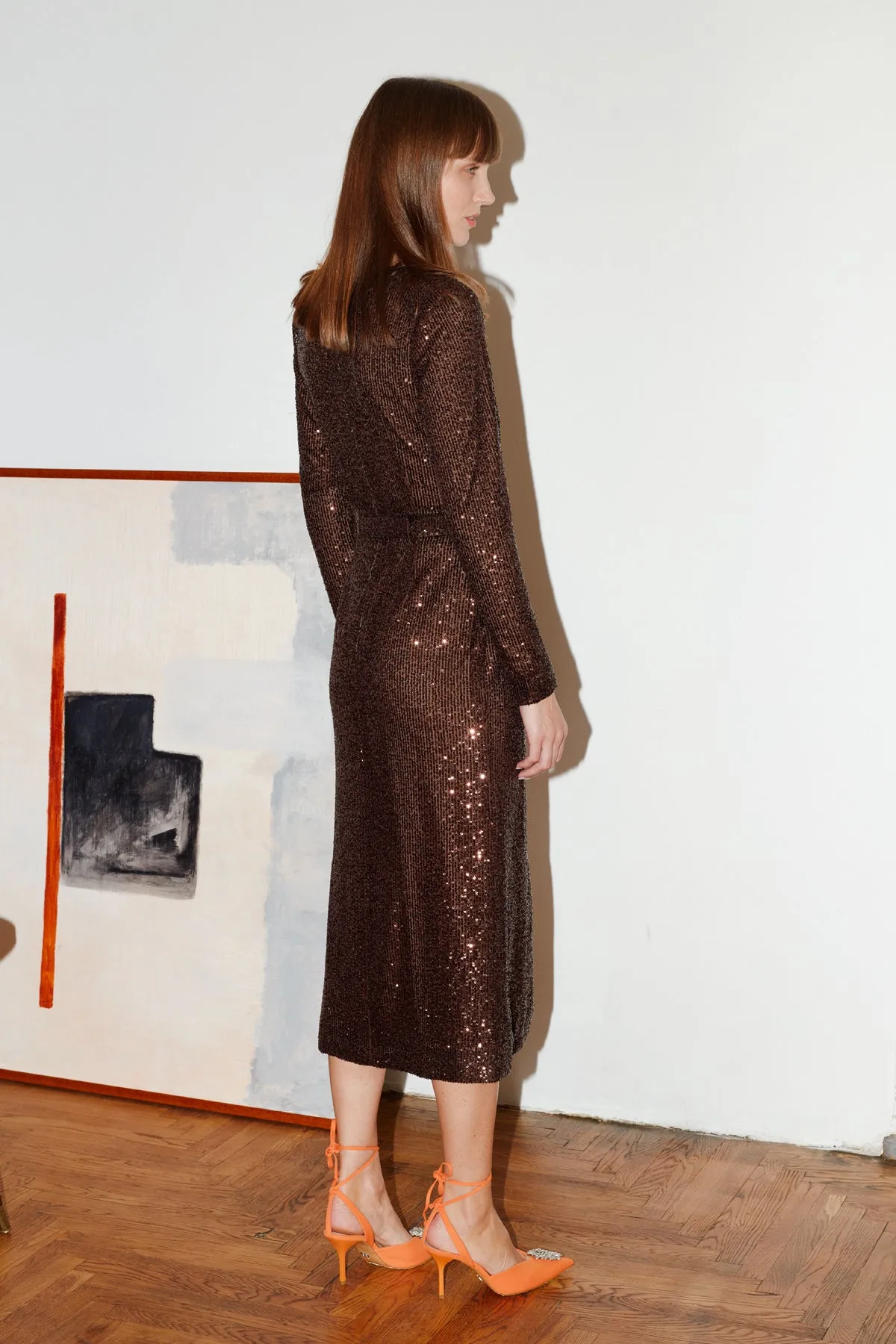 CLARA dark brown sequin midi dress