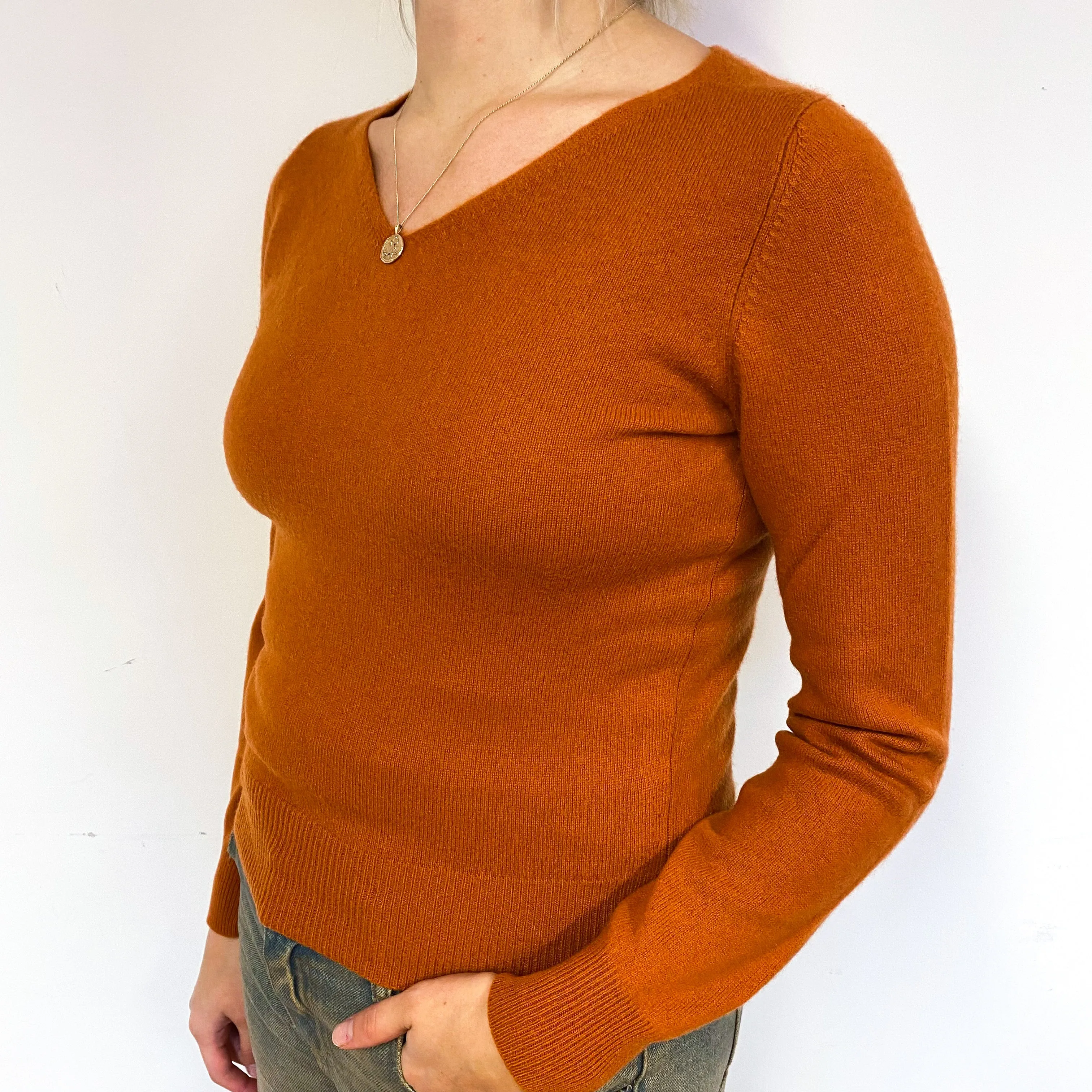 Copper Orange Cashmere V-Neck Jumper Small