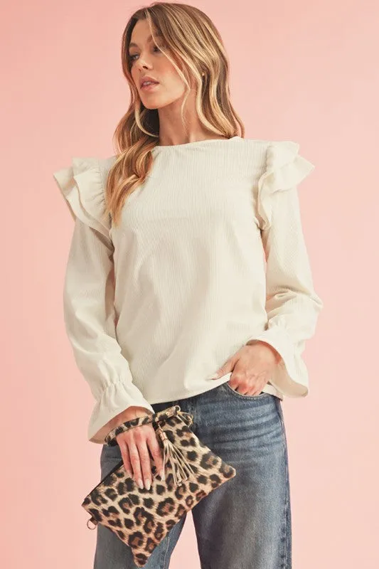 Corduroy Round Neck Ruffled Flounce Sleeve Blouse