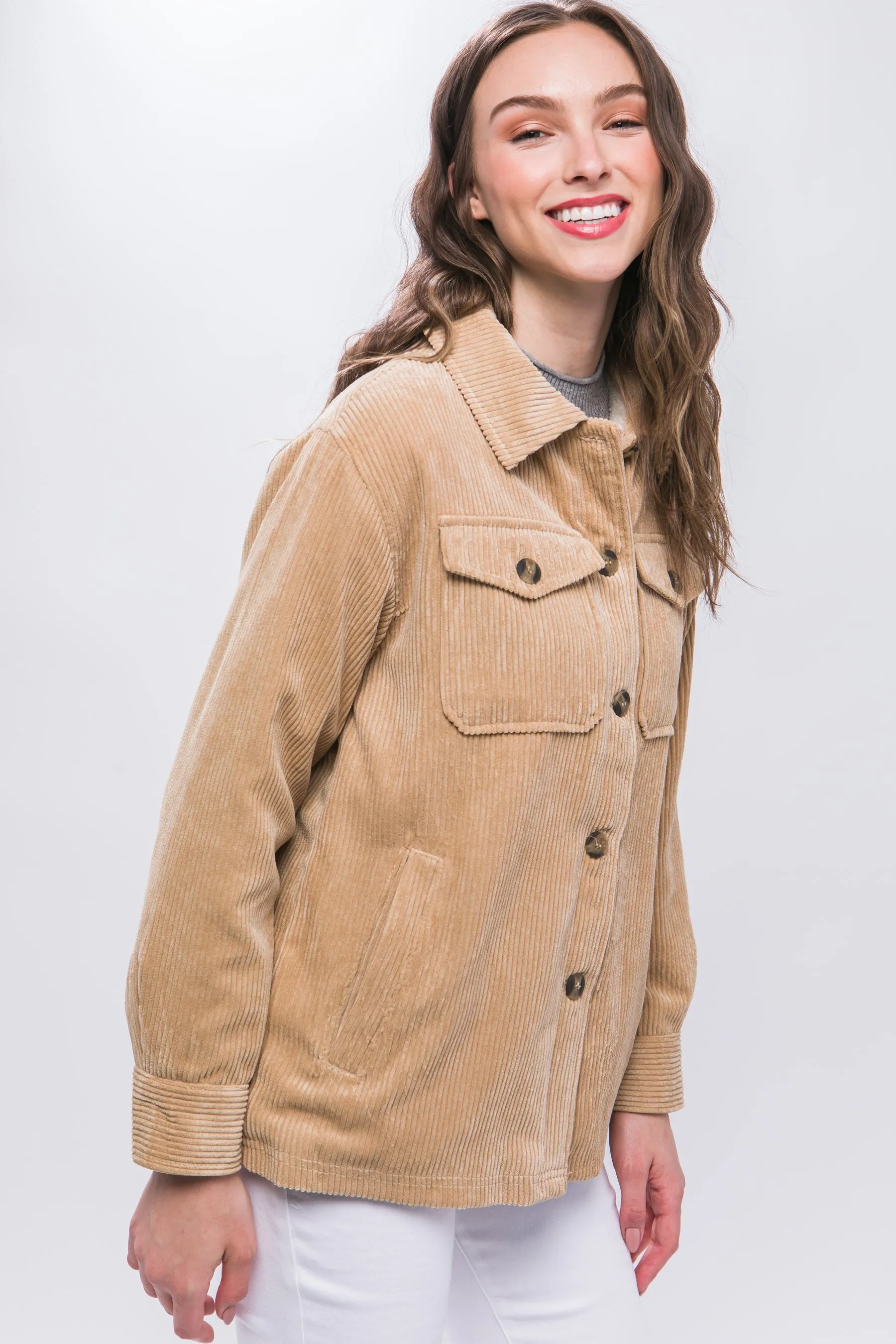 Corduroy Sherpa Lined Jacket in Tan