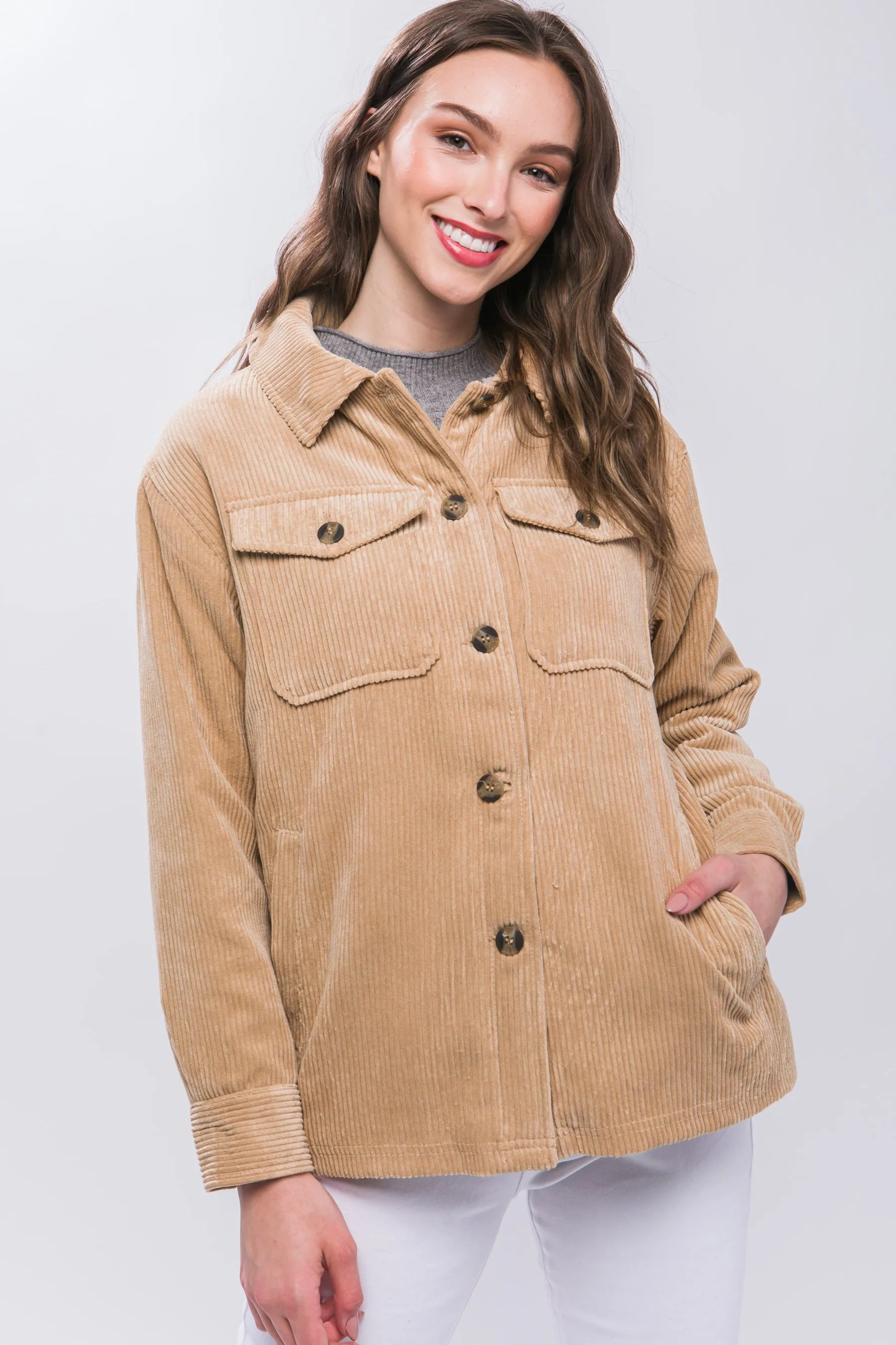 Corduroy Sherpa Lined Jacket in Tan