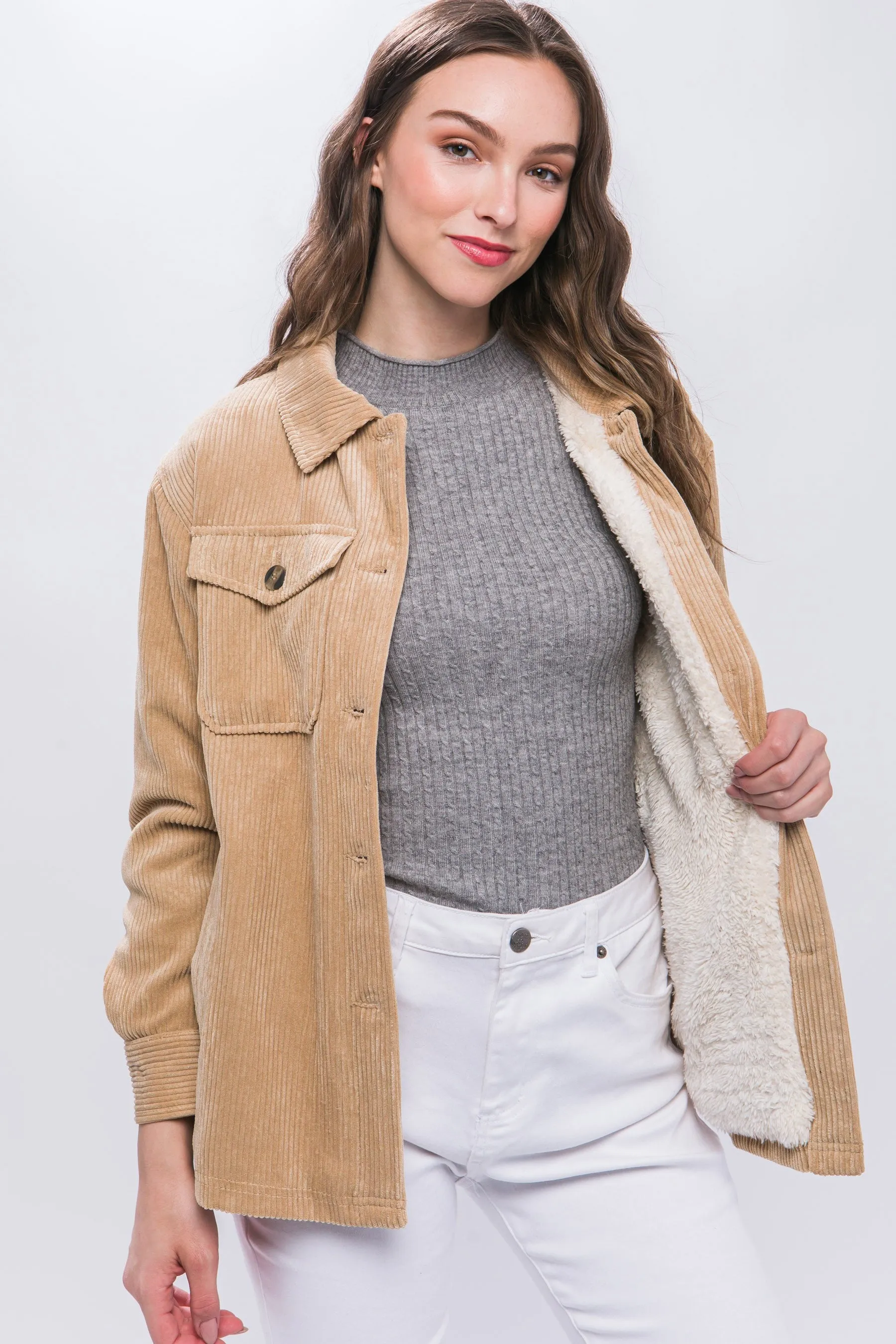 Corduroy Sherpa Lined Jacket in Tan