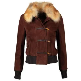 Cropped Style Bomber Leather Jacket with Fur Collar Brown Suede Coat Womens