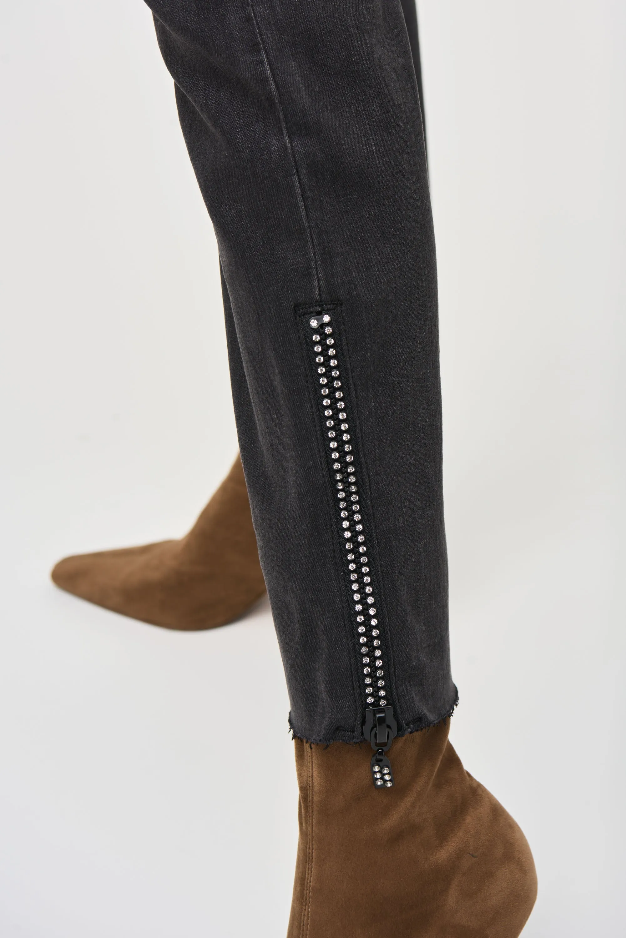 Denim Pants With Rhinestones and Mesh Detail