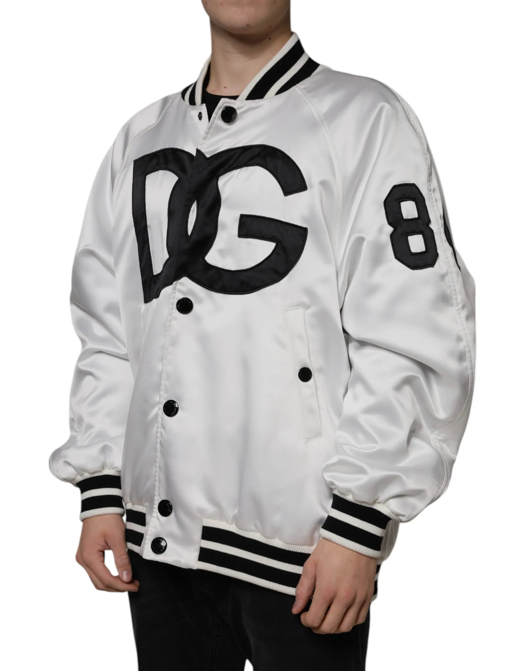 Dolce & Gabbana White Polyester Logo Full Zip Bomber Jacket